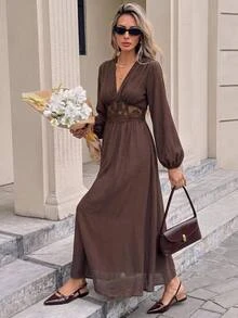SHEIN Frenchy Women's Solid Color Deep V-Neck Lantern Sleeve Waist-Cinching Lace Patchwork Elegant Dress,Fall/Winter Elegant Formal Luxury Business Chic Basic - Brown - View 8