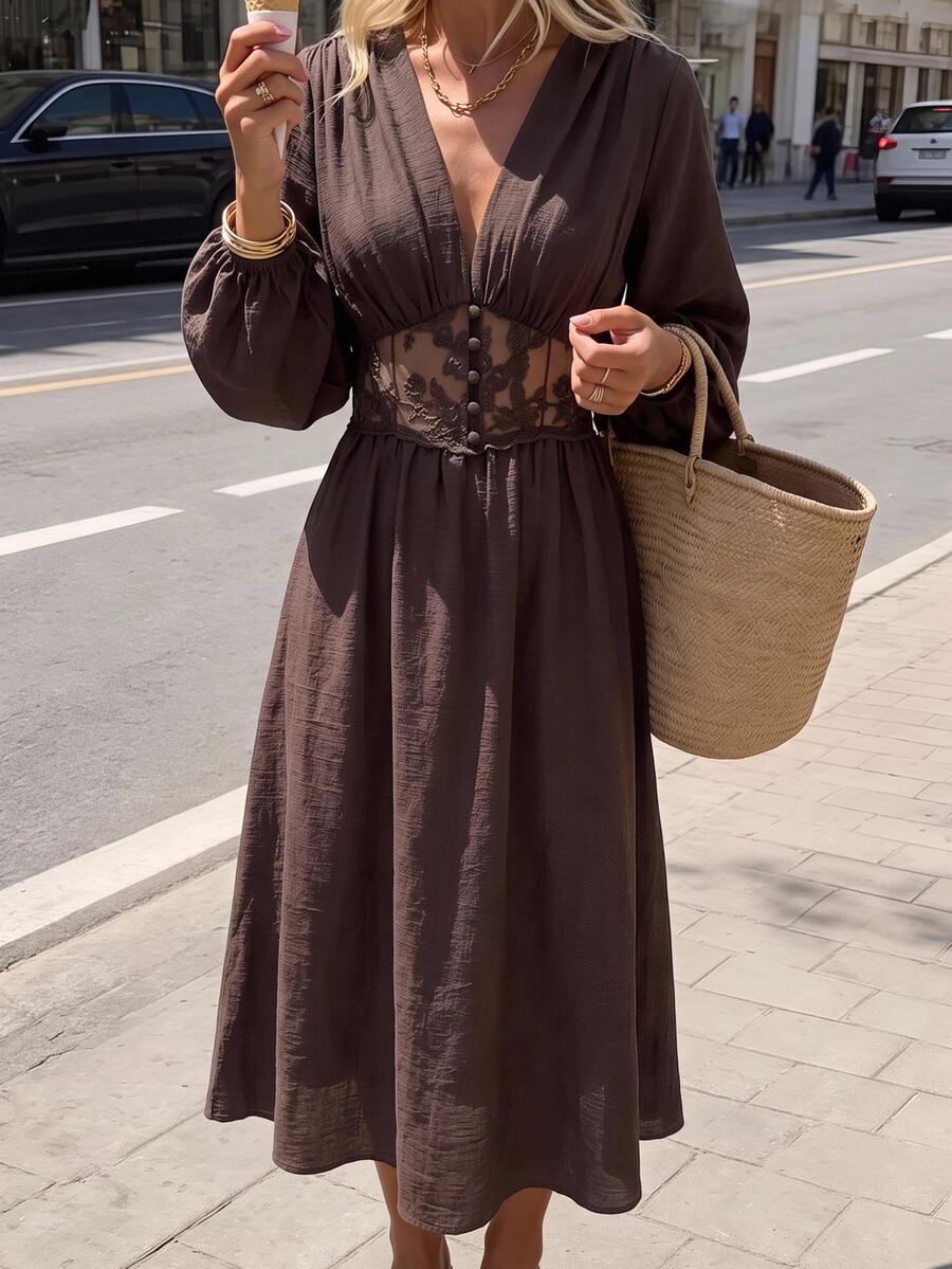 SHEIN Frenchy Women's Solid Color Deep V-Neck Lantern Sleeve Waist-Cinching Lace Patchwork Elegant Dress,Fall/Winter Elegant Formal Luxury Business Chic Basic - Brown - View 1