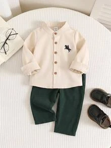 SHEIN Baby Boy Small Stand Collar Animal Print Long Sleeve Button-Down Gentleman Shirt Straight Leg College Style Versatile Pants Set Suitable For Winter - Multicolor - View 1