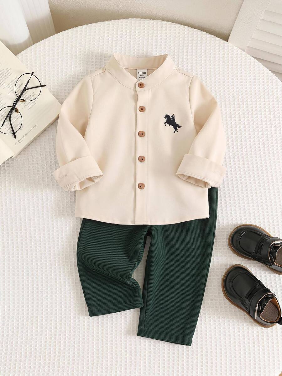 SHEIN Baby Boy Small Stand Collar Animal Print Long Sleeve Button-Down Gentleman Shirt Straight Leg College Style Versatile Pants Set Suitable For Winter - Multicolor - View 1