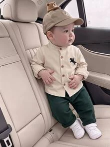 SHEIN Baby Boy Small Stand Collar Animal Print Long Sleeve Button-Down Gentleman Shirt Straight Leg College Style Versatile Pants Set Suitable For Winter - Multicolor - View 7