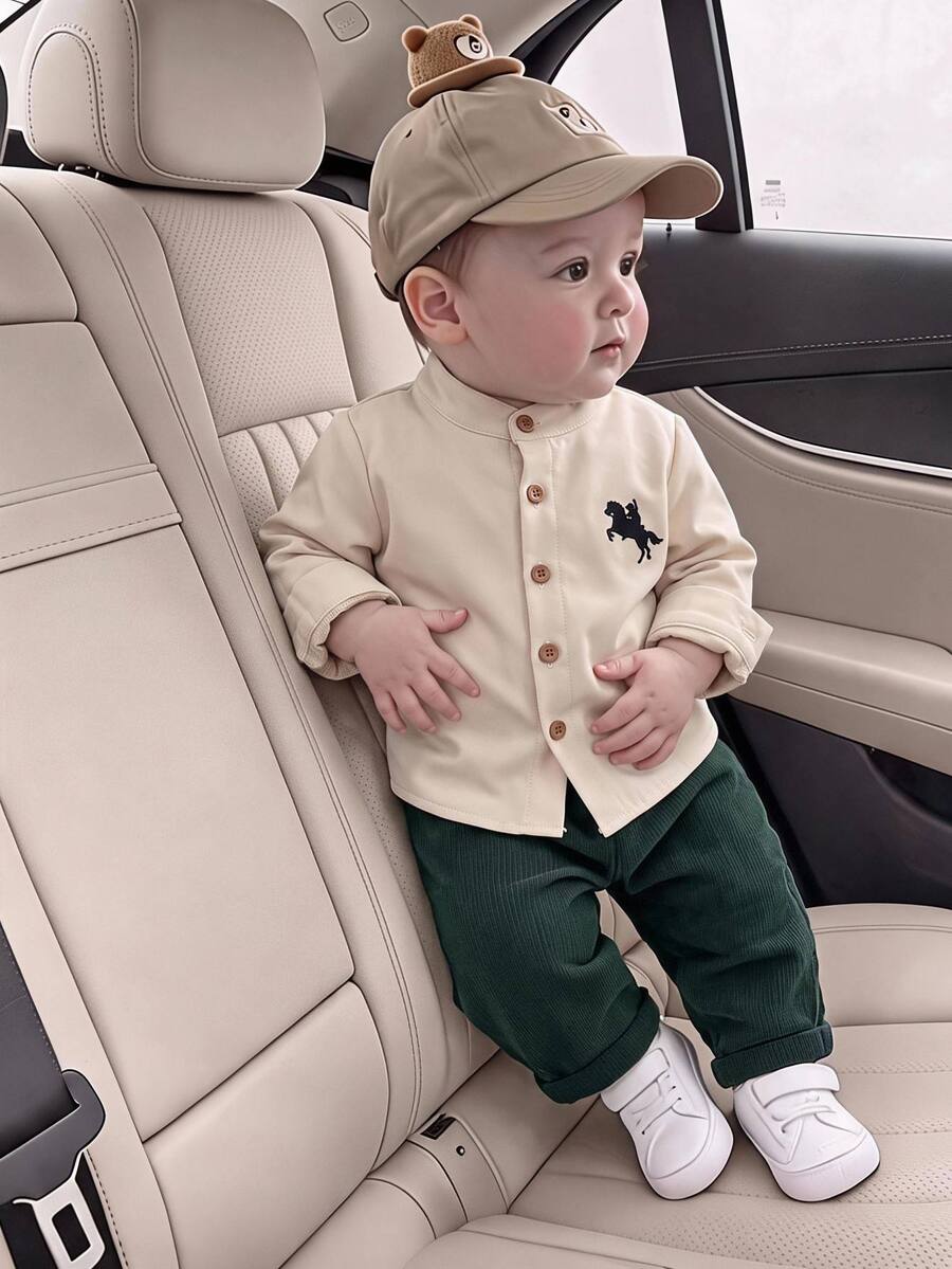 SHEIN Baby Boy Small Stand Collar Animal Print Long Sleeve Button-Down Gentleman Shirt Straight Leg College Style Versatile Pants Set Suitable For Winter - Multicolor - View 1