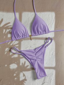 SHEIN Swim Women's Summer Solid Color Metal Pendant Jewelry, Sexy Halter Neck Bikini Sets Purple - Purple - View 2
