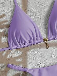 SHEIN Swim Women's Summer Solid Color Metal Pendant Jewelry, Sexy Halter Neck Bikini Sets Purple - Purple - View 5