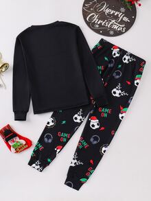 SHEIN Tween Boy Soccer Pattern Round Neck Long Sleeve Long Pants Casual Comfortable Fitted Loungewear Pajama Set 2pcs, Christmas - Black - View 3