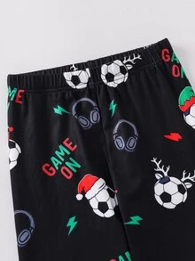 SHEIN Tween Boy Soccer Pattern Round Neck Long Sleeve Long Pants Casual Comfortable Fitted Loungewear Pajama Set 2pcs, Christmas - Black - View 8