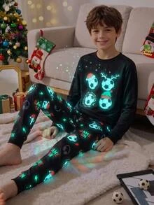 SHEIN Tween Boy Soccer Pattern Round Neck Long Sleeve Long Pants Casual Comfortable Fitted Loungewear Pajama Set 2pcs, Christmas - Black - View 9