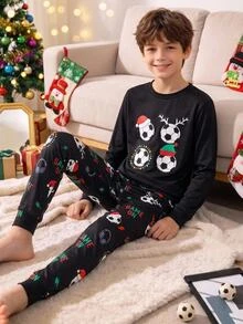 SHEIN Tween Boy Soccer Pattern Round Neck Long Sleeve Long Pants Casual Comfortable Fitted Loungewear Pajama Set 2pcs, Christmas - Black - View 1