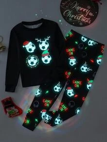 SHEIN Tween Boy Soccer Pattern Round Neck Long Sleeve Long Pants Casual Comfortable Fitted Loungewear Pajama Set 2pcs, Christmas - Black - View 2