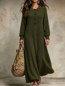LUMIGAL Women's Solid Color Casual Daily Knit Dress - Army Green - View 5