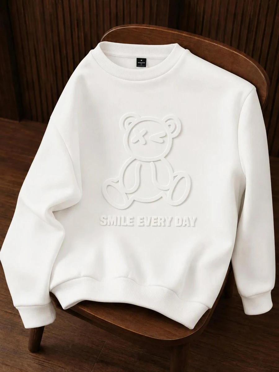 OldRiff White Standard Size Men's Loose Drop Shoulder Thick Pullover Sweatshirt, 3D Teddy Bear Graphic Design - White - View 1