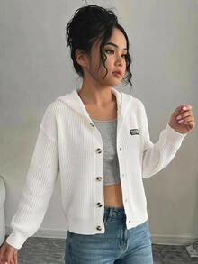 SHEIN 青少年女孩休閒寬鬆連帽長袖針織開襟毛衣外套，適合夏季/秋季/冬季穿著 - 白色 - 查看 4