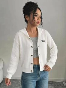SHEIN 青少年女孩休閒寬鬆連帽長袖針織開襟毛衣外套，適合夏季/秋季/冬季穿著 - 白色 - 查看 2