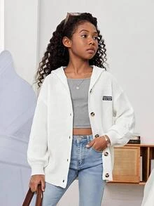 SHEIN 青少年女孩休閒寬鬆連帽長袖針織開襟毛衣外套，適合夏季/秋季/冬季穿著 - 白色 - 查看 3