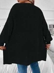 SHEIN CURVE+ 大尺碼女款純色百搭開襟針織衫，黑色中長版多功能毛衣，秋季正式節日居家基礎休閒時尚款 - 黑色 - 查看 2