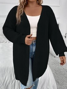 SHEIN CURVE+ 大尺碼女款純色百搭開襟針織衫，黑色中長版多功能毛衣，秋季正式節日居家基礎休閒時尚款 - 黑色 - 查看 4
