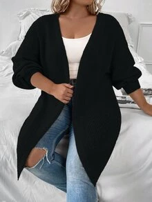 SHEIN CURVE+ 大尺碼女款純色百搭開襟針織衫，黑色中長版多功能毛衣，秋季正式節日居家基礎休閒時尚款 - 黑色 - 查看 1