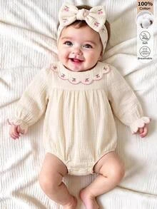 SHEIN Baby Girl Cute Contrast Color Cherry Pattern Embroidered Peter Pan Collar Soft Ruched Long Sleeve Ruffle Hem Loose Autumn Romper Suitable For Winter - Apricot - View 3