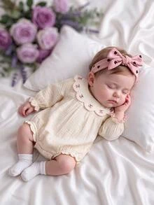 SHEIN Baby Girl Cute Contrast Color Cherry Pattern Embroidered Peter Pan Collar Soft Ruched Long Sleeve Ruffle Hem Loose Autumn Romper Suitable For Winter - Apricot - View 1