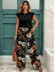 EMERY ROSE Plus Size Women Solid Color Top And Floral Print Long Pants Casual Daily 2 Pieces Set - Multicolor - View 5