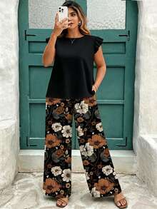 EMERY ROSE Plus Size Women Solid Color Top And Floral Print Long Pants Casual Daily 2 Pieces Set - Multicolor - View 4