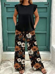 EMERY ROSE Plus Size Women Solid Color Top And Floral Print Long Pants Casual Daily 2 Pieces Set - Multicolor - View 3