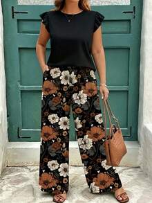 EMERY ROSE Plus Size Women Solid Color Top And Floral Print Long Pants Casual Daily 2 Pieces Set - Multicolor - View 1