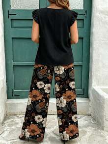EMERY ROSE Plus Size Women Solid Color Top And Floral Print Long Pants Casual Daily 2 Pieces Set - Multicolor - View 2