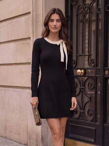 GlowEve Women's Autumn/Winter Casual Contrast Color Collar Tie Knit Dress - Black - View 7