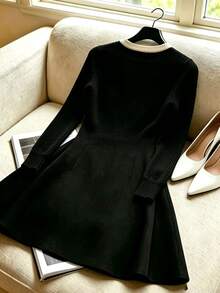 GlowEve Women's Autumn/Winter Casual Contrast Color Collar Tie Knit Dress - Black - View 5