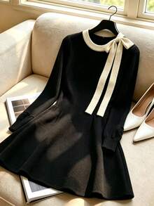 GlowEve Women's Autumn/Winter Casual Contrast Color Collar Tie Knit Dress - Black - View 4