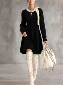 GlowEve Women's Autumn/Winter Casual Contrast Color Collar Tie Knit Dress - Black - View 3