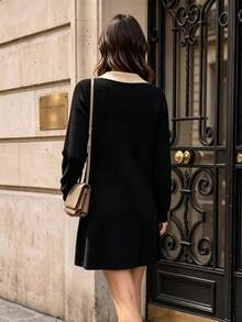 GlowEve Women's Autumn/Winter Casual Contrast Color Collar Tie Knit Dress - Black - View 2
