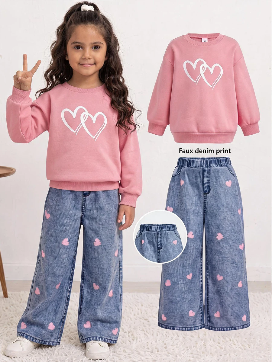 SHEIN Kids Young Girl Young Girl Cute Minimalist - Pattern Pink Soft Hooded Loose Long Sleeve Sweatshirt And Pants Set, Suitable For Autumn/Winter Wear - Multicolor - View 1