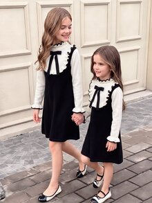 SHEIN Tween Girl Casual Ruffle Bow Contrast Color Dress - Multicolor - View 8