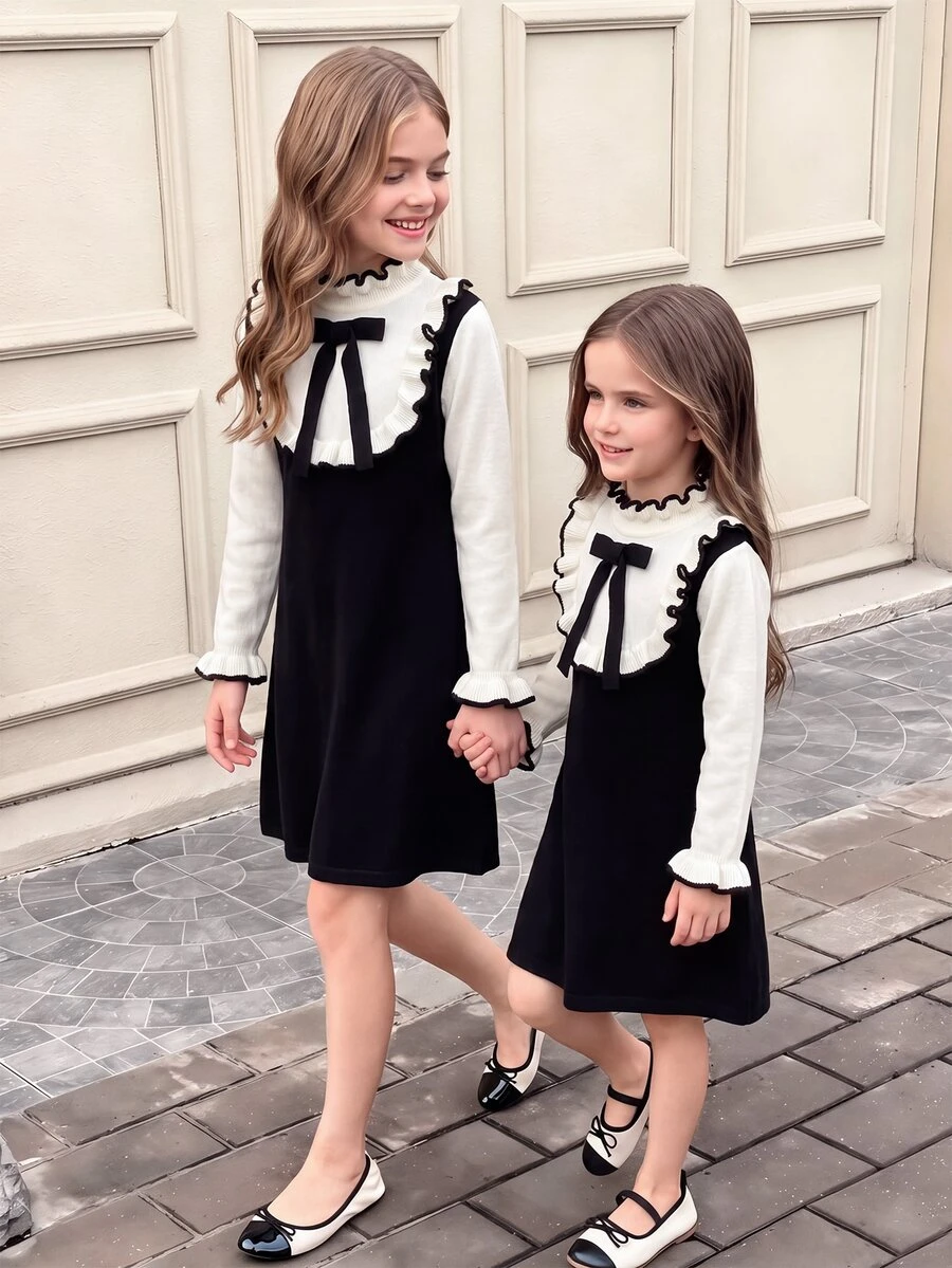 SHEIN Tween Girl Casual Ruffle Bow Contrast Color Dress - Multicolor - View 1
