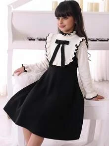 SHEIN Tween Girl Casual Ruffle Bow Contrast Color Dress - Multicolor - View 9
