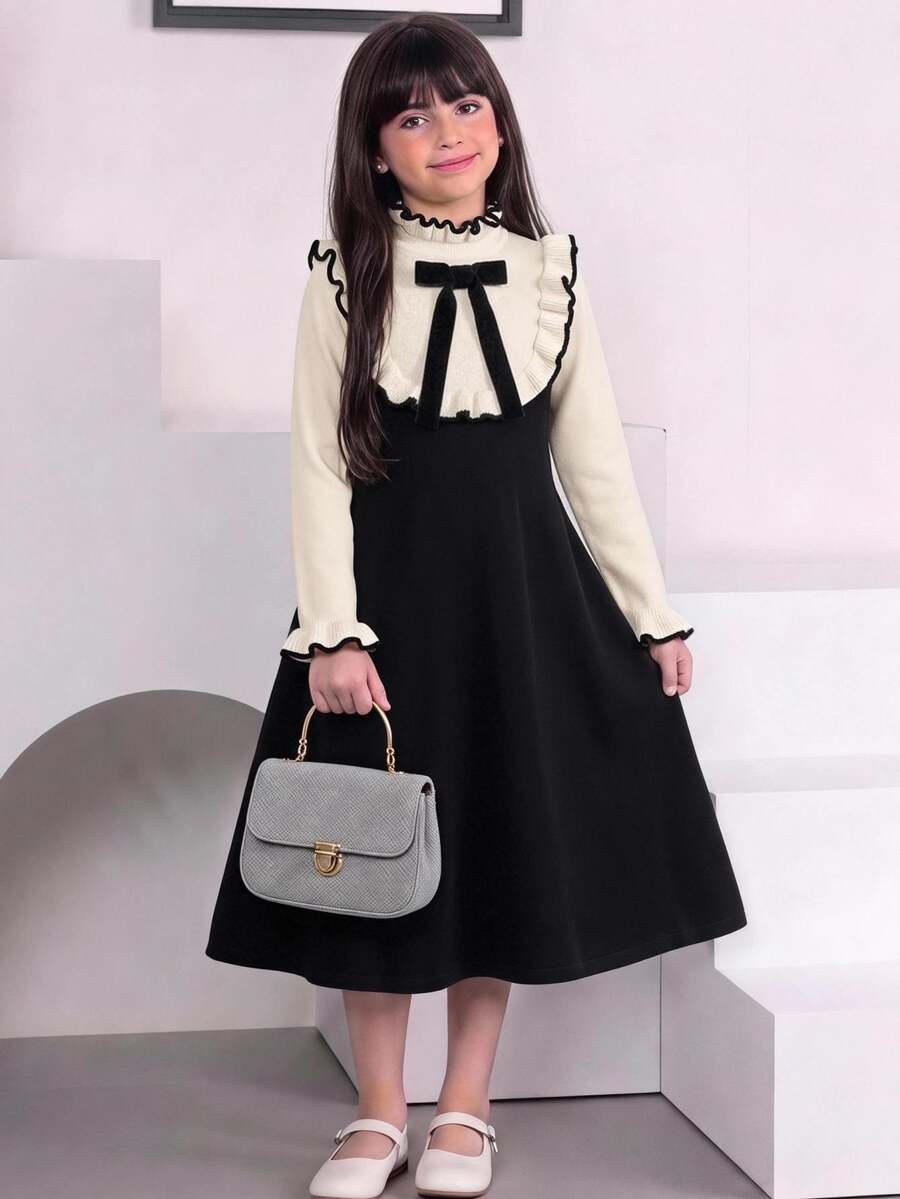 SHEIN Tween Girl Casual Ruffle Bow Contrast Color Dress - Multicolor - View 1