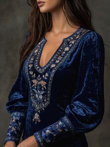 LUMIGAL 女款優雅通勤V領客製印花定位花卉天鵝絨秋冬春夏度假派對日常出行旅行長袖泡泡袖海軍藍短洋裝 - 彩色 - 查看 9