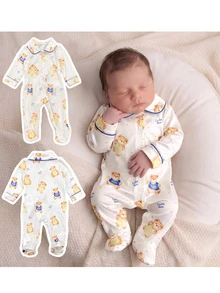 SHEIN New Born Baby Cartoon Bear Print Single-Breasted Romper Loungewear - Beige - View 7