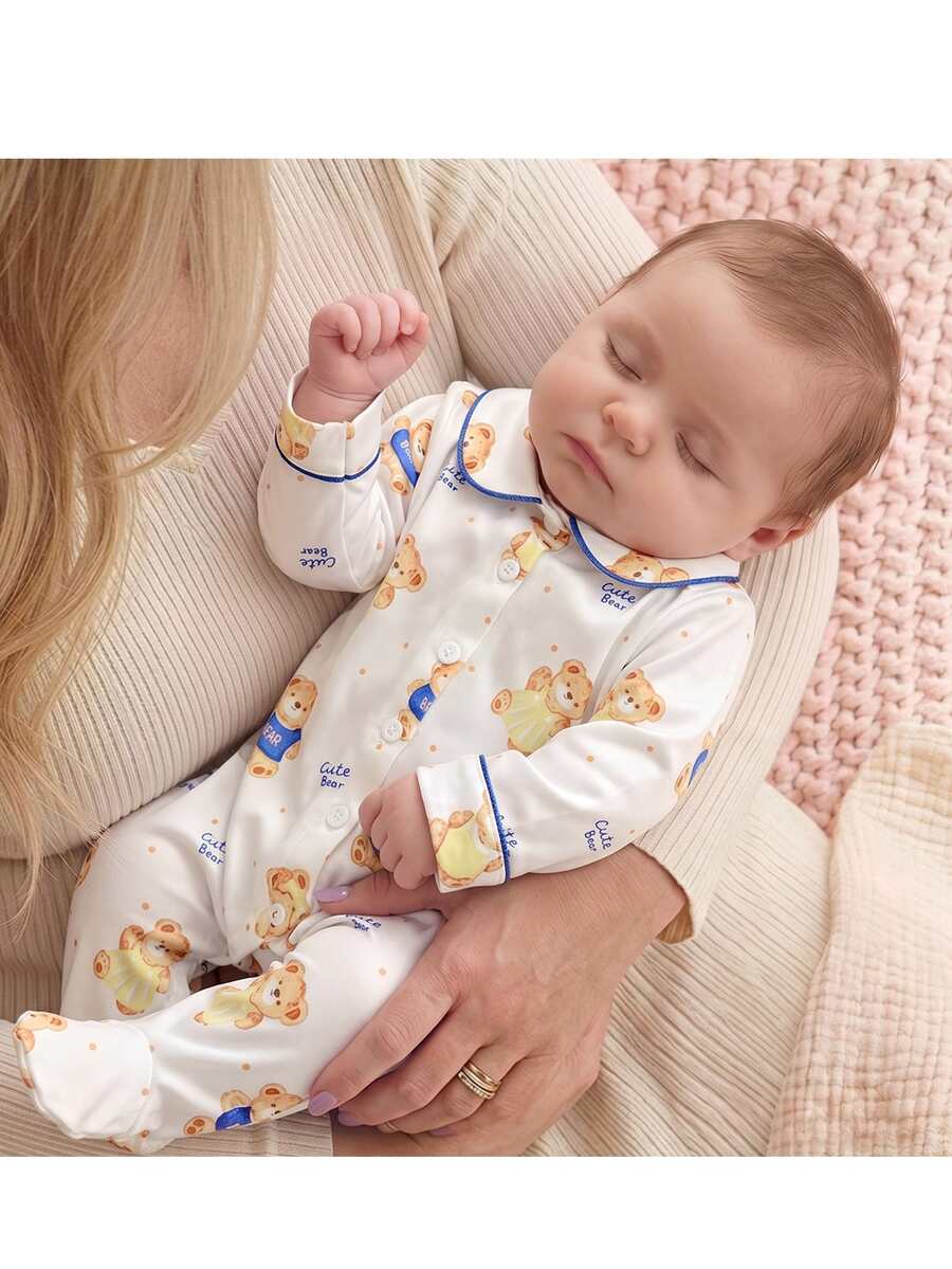 SHEIN New Born Baby Cartoon Bear Print Single-Breasted Romper Loungewear - Beige - View 1