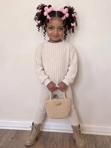 SHEIN 女嬰刷毛彈性羅紋圓領套頭中長版秋季上衣與休閒百搭內搭褲套裝，適合冬季 - 杏色 - 查看 5