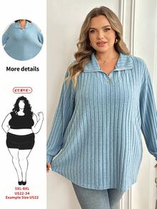 SHEIN CURVE+ Plus Size Women's Dropped Shoulder Long Sleeve Winter Thermal Lined Ribbed Royal Blue T-Shirt - Teal Blue - View 9