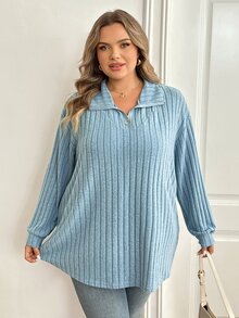 SHEIN CURVE+ Plus Size Women's Dropped Shoulder Long Sleeve Winter Thermal Lined Ribbed Royal Blue T-Shirt - Teal Blue - View 5