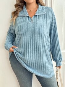 SHEIN CURVE+ Plus Size Women's Dropped Shoulder Long Sleeve Winter Thermal Lined Ribbed Royal Blue T-Shirt - Teal Blue - View 3