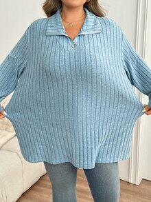 SHEIN CURVE+ Plus Size Women's Dropped Shoulder Long Sleeve Winter Thermal Lined Ribbed Royal Blue T-Shirt - Teal Blue - View 4
