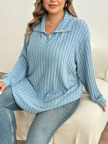 SHEIN CURVE+ Plus Size Women's Dropped Shoulder Long Sleeve Winter Thermal Lined Ribbed Royal Blue T-Shirt - Teal Blue - View 7