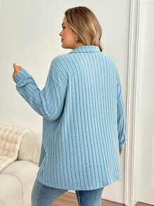 SHEIN CURVE+ Plus Size Women's Dropped Shoulder Long Sleeve Winter Thermal Lined Ribbed Royal Blue T-Shirt - Teal Blue - View 2