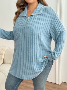 SHEIN CURVE+ Plus Size Women's Dropped Shoulder Long Sleeve Winter Thermal Lined Ribbed Royal Blue T-Shirt - Teal Blue - View 6