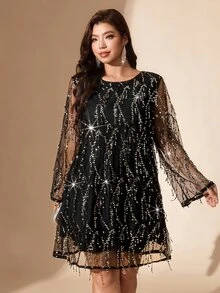 Comfylo Plus Size Fashion Party Sequin Fringe Mesh Dress Fall Christmas - Black - View 2